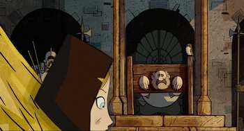 Movie still from “Wolfwalkers” (2020), directed by Ross Stewart – An animated scene of a woman looking at a man sitting in a chair; Wide shot, Low angle