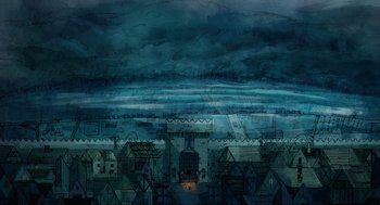 Movie still from “Wolfwalkers” (2020), directed by Ross Stewart – An artistic drawing of a city with a dark sky above it; Extreme Wide shot, High angle