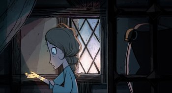 Movie still from “Wolfwalkers” (2020), directed by Ross Stewart – A girl is standing in front of a window; Close Up shot, Over the shoulder angle