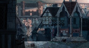 Movie still from “Wolfwalkers” (2020), directed by Ross Stewart – An artistic drawing of a medieval town with buildings; Extreme Wide shot, High angle