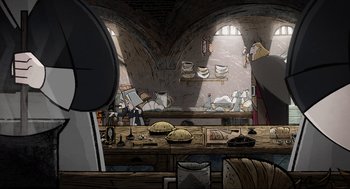 Movie still from “Wolfwalkers” (2020), directed by Ross Stewart – An artistic drawing of a kitchen with a lot of dishes on the counter; Wide shot, Over the shoulder angle