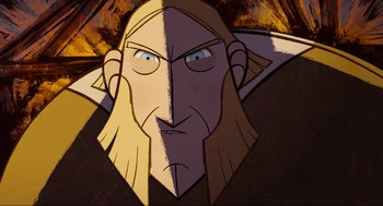 Movie still from “Wolfwalkers” (2020), directed by Ross Stewart – An animated picture of a man with a beard; Extreme Close Up shot, Overhead angle