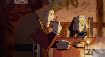 Movie still from “Wolfwalkers” (2020), directed by Ross Stewart – Two people sitting at a table in front of each other; Medium shot, Over the shoulder angle