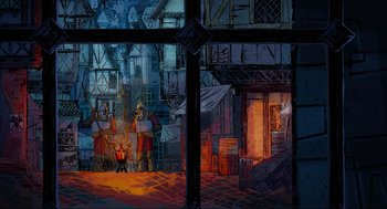 Movie still from “Wolfwalkers” (2020), directed by Ross Stewart – An artistic painting of a medieval town with a fire pit; Extreme Wide shot, High angle