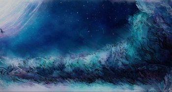 Movie still from “Wolfwalkers” (2020), directed by Ross Stewart – An abstract painting of the night sky with stars; Extreme Wide shot, Low angle