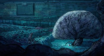 Movie still from “Wolfwalkers” (2020), directed by Ross Stewart – An illustration of an underwater scene with a tree; Extreme Wide shot, Low angle