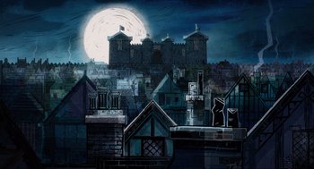Movie still from “Wolfwalkers” (2020), directed by Ross Stewart – An artistic painting of a castle in the night sky; Extreme Wide shot, Low angle
