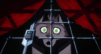 Movie still from “Wolfwalkers” (2020), directed by Ross Stewart – An animated wolf looking through a fence; Close Up shot, High angle