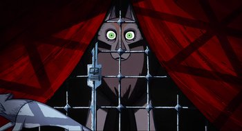 Movie still from “Wolfwalkers” (2020), directed by Ross Stewart – A cartoon picture of a wolf behind a fence; Close Up shot, Low angle