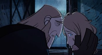 Movie still from “Wolfwalkers” (2020), directed by Ross Stewart – A man and a woman looking at one another; Extreme Close Up shot, Over the shoulder angle