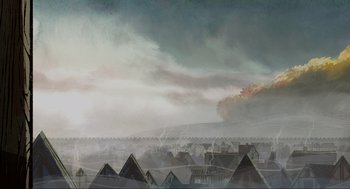 Movie still from “Wolfwalkers” (2020), directed by Ross Stewart – An artistic painting of a fire in the sky over a city; Extreme Wide shot, High angle