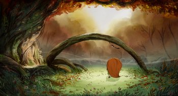 Movie still from “Wolfwalkers” (2020), directed by Ross Stewart – An artistic painting of a person sitting in the grass; Extreme Wide shot, Over the shoulder angle