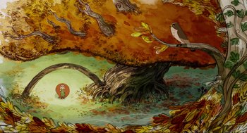 Movie still from “Wolfwalkers” (2020), directed by Ross Stewart – A painting of a tree with a bird sitting on it; Extreme Wide shot, Overhead angle