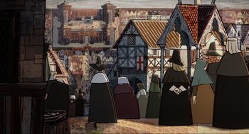 Movie still from “Wolfwalkers” (2020), directed by Ross Stewart – A group of people standing in front of a building; Extreme Wide shot, High angle