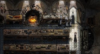 Movie still from “Wolfwalkers” (2020), directed by Ross Stewart – An artistic rendering of a kitchen filled with food and cooking utensils; Extreme Wide shot, Overhead angle