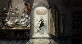 Movie still from “Wolfwalkers” (2020), directed by Ross Stewart – An illustration of a woman sweeping the floor; Wide shot, High angle
