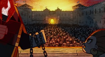 Movie still from “Wolfwalkers” (2020), directed by Ross Stewart – A crowd of people sitting in front of a building; Extreme Wide shot, Low angle