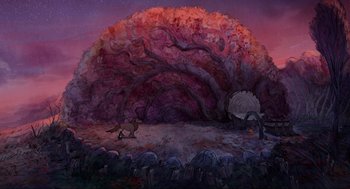 Movie still from “Wolfwalkers” (2020), directed by Ross Stewart – An artistic painting of a tree with a dog in the foreground; Extreme Wide shot, High angle