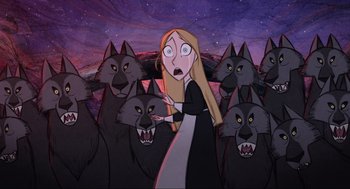 Movie still from “Wolfwalkers” (2020), directed by Ross Stewart – A woman in a black and white dress surrounded by black wolves; Medium shot, Over the shoulder angle