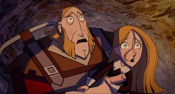 Movie still from “Wolfwalkers” (2020), directed by Ross Stewart – An animated scene of a man and a woman; Medium shot, High angle