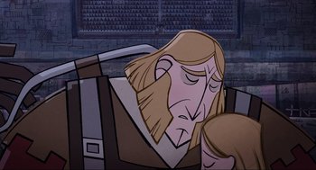 Movie still from “Wolfwalkers” (2020), directed by Ross Stewart – A man with long hair is laying on the ground; Close Up shot, High angle