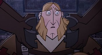 Movie still from “Wolfwalkers” (2020), directed by Ross Stewart – An animated man with long hair and a beard; Close Up shot, Overhead angle