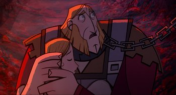 Movie still from “Wolfwalkers” (2020), directed by Ross Stewart – An animated scene of a man and a child; Close Up shot, Overhead angle