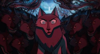 Movie still from “Wolfwalkers” (2020), directed by Ross Stewart – An illustration of a red wolf surrounded by a pack of black wolves; Close Up shot, Overhead angle