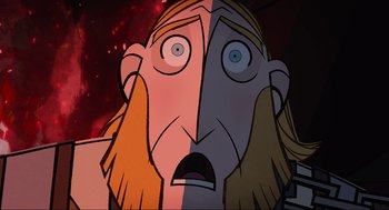 Movie still from “Wolfwalkers” (2020), directed by Ross Stewart – A cartoon of a man with long hair and a long beard looking surprised; Close Up shot, Overhead angle