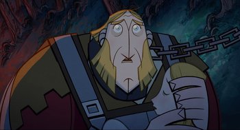 Movie still from “Wolfwalkers” (2020), directed by Ross Stewart – An animated picture of a man with a beard; Close Up shot, Overhead angle