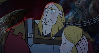 Movie still from “Wolfwalkers” (2020), directed by Ross Stewart – A man and a woman are looking at each other; Close Up shot, Over the shoulder angle