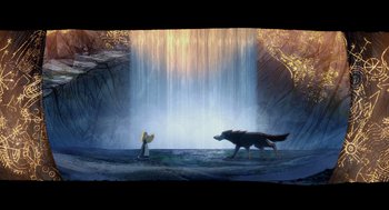 Movie still from “Wolfwalkers” (2020), directed by Ross Stewart – A scene with a wolf and a dog in front of a waterfall; Extreme Wide shot, High angle