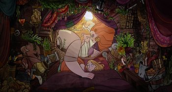 Movie still from “Wolfwalkers” (2020), directed by Ross Stewart – A woman and a man are laying on a bed in a room; Wide shot, Overhead angle