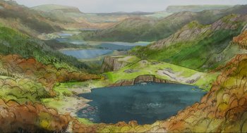 Movie still from “Wolfwalkers” (2020), directed by Ross Stewart – An artistic drawing of a lake surrounded by mountains; Extreme Wide shot, High angle