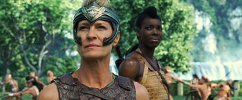 Movie still from “Wonder Woman” (2017), directed by Patty Jenkins – A woman in a helmet and a man in a leather vest; Close Up shot, Low angle