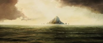 Movie still from “Wonder Woman” (2017), directed by Patty Jenkins – An oil painting of an island in the middle of the ocean; Extreme Wide shot, Low angle