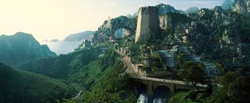 Movie still from “Wonder Woman” (2017), directed by Patty Jenkins – An image of a city on the side of a mountain; Extreme Wide shot, High angle