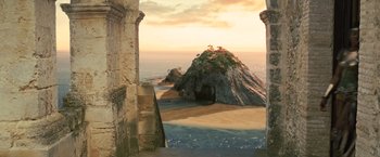Movie still from “Wonder Woman” (2017), directed by Patty Jenkins – An image of a view of the ocean from a castle window; Extreme Wide shot, High angle