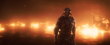 Movie still from “Wonder Woman” (2017), directed by Patty Jenkins – An image of a man with a helmet on; Wide shot, Low angle