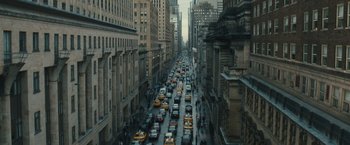 Movie still from “World War Z” (2013), directed by Marc Forster – A city street filled with lots of traffic; Extreme Wide shot, High angle