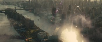 Movie still from “World War Z” (2013), directed by Marc Forster – A view of a city from a plane window; Extreme Wide shot, High angle