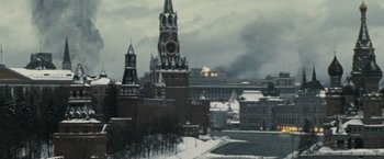Movie still from “World War Z” (2013), directed by Marc Forster – A view of a clock tower in the middle of a snowy city; Extreme Wide shot, High angle