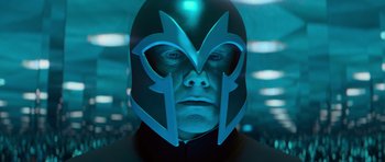 Movie still from “X-Men: First Class” (2011), directed by Matthew Vaughn – A man wearing a black and blue helmet; Close Up shot, Low angle