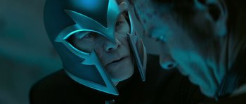 Movie still from “X-Men: First Class” (2011), directed by Matthew Vaughn – A person wearing a helmet; Close Up shot, Over the shoulder angle