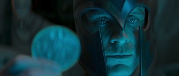Movie still from “X-Men: First Class” (2011), directed by Matthew Vaughn – A person wearing a helmet; Close Up shot, Over the shoulder angle