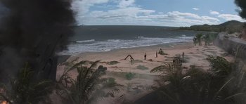 Movie still from “X-Men: First Class” (2011), directed by Matthew Vaughn – Two people standing on the beach near the ocean; Extreme Wide shot, High angle
