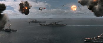 Movie still from “X-Men: First Class” (2011), directed by Matthew Vaughn – An image of an ocean with a lot of ships in it; Extreme Wide shot, High angle