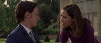Movie still from “X-Men: First Class” (2011), directed by Matthew Vaughn – A man and a woman talking to each other outside; Close Up shot, Over the shoulder angle