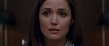 Movie still from “X-Men: First Class” (2011), directed by Matthew Vaughn – A woman's face with brown eyes; Close Up shot, Over the shoulder angle