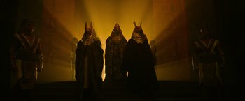 Movie still from “X-Men: Apocalypse” (2016), directed by Bryan Singer – A group of people dressed in egyptian costumes; Wide shot, Low angle